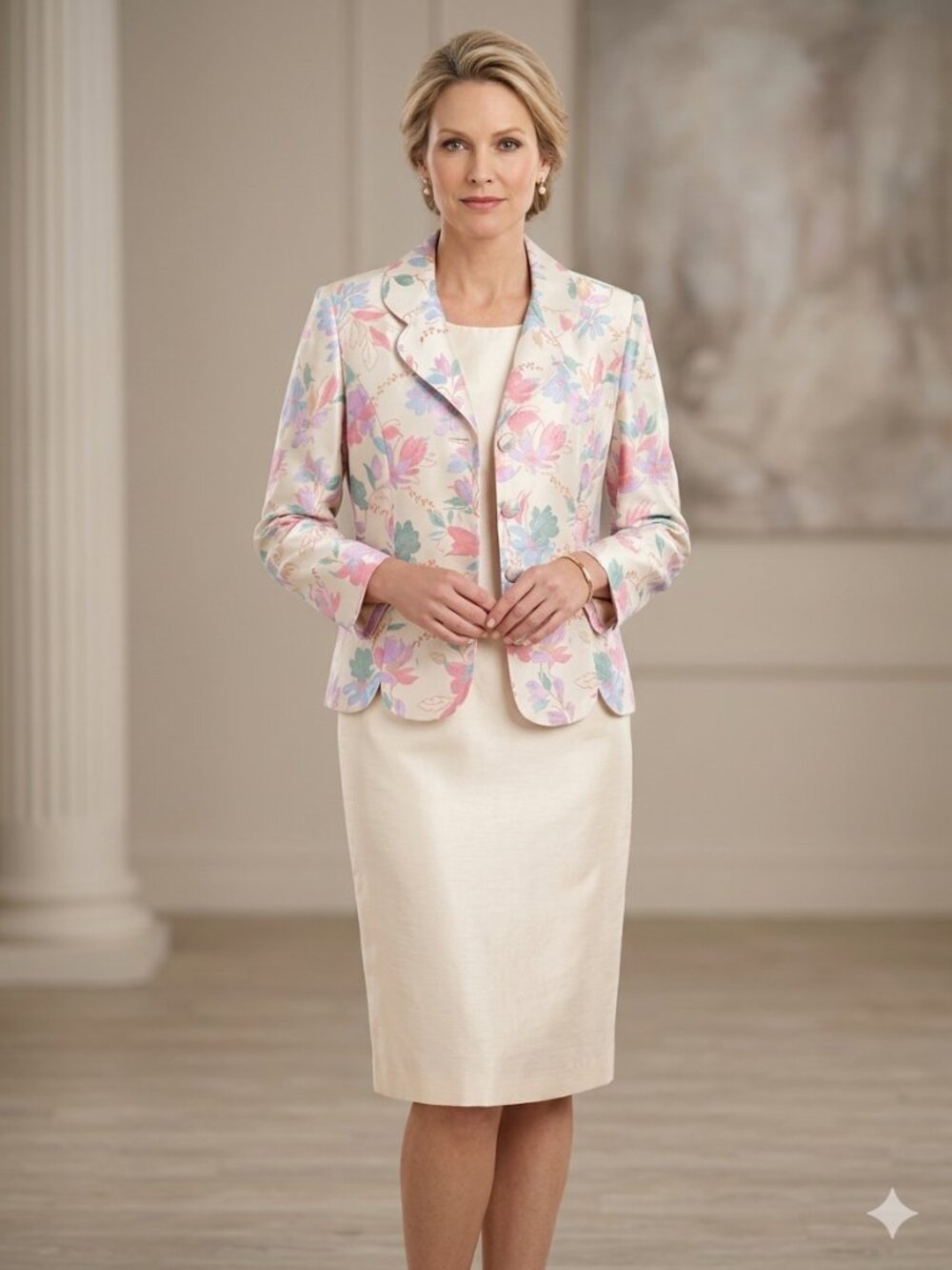 Leslie Fay Pastel Floral Blazer and Skirt Set